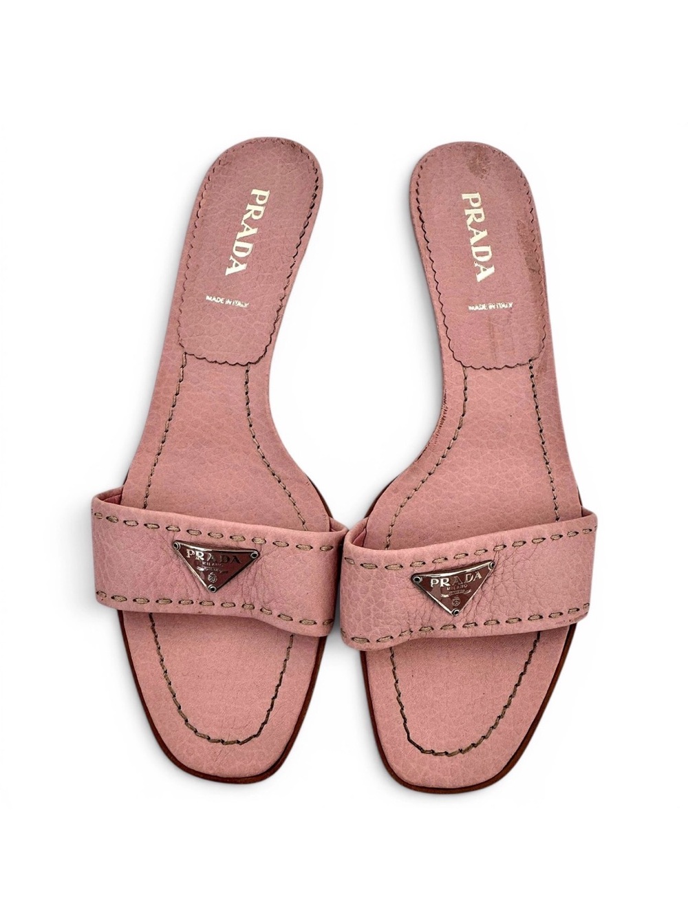 Prada Vintage Baby Pink Pebbled Leather Logo Low Heel Open Toe Sandals Authentic